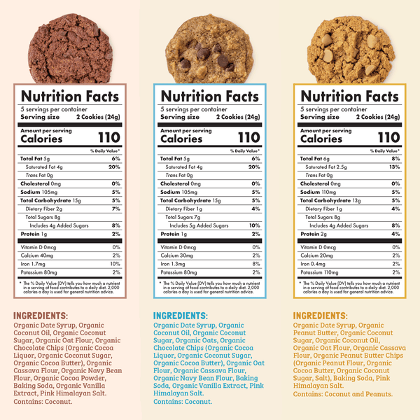 Skout Organic Soft-Baked Cookie: Nutrition Facts for Double Chocolate, Oatmeal Chocolate Chip, and Peanut Butter