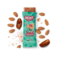 Skout Organic Almond Cookie Kids Snack Bar in an open wrapper, surrounded by dates, almonds, and Himalayan pink salt.