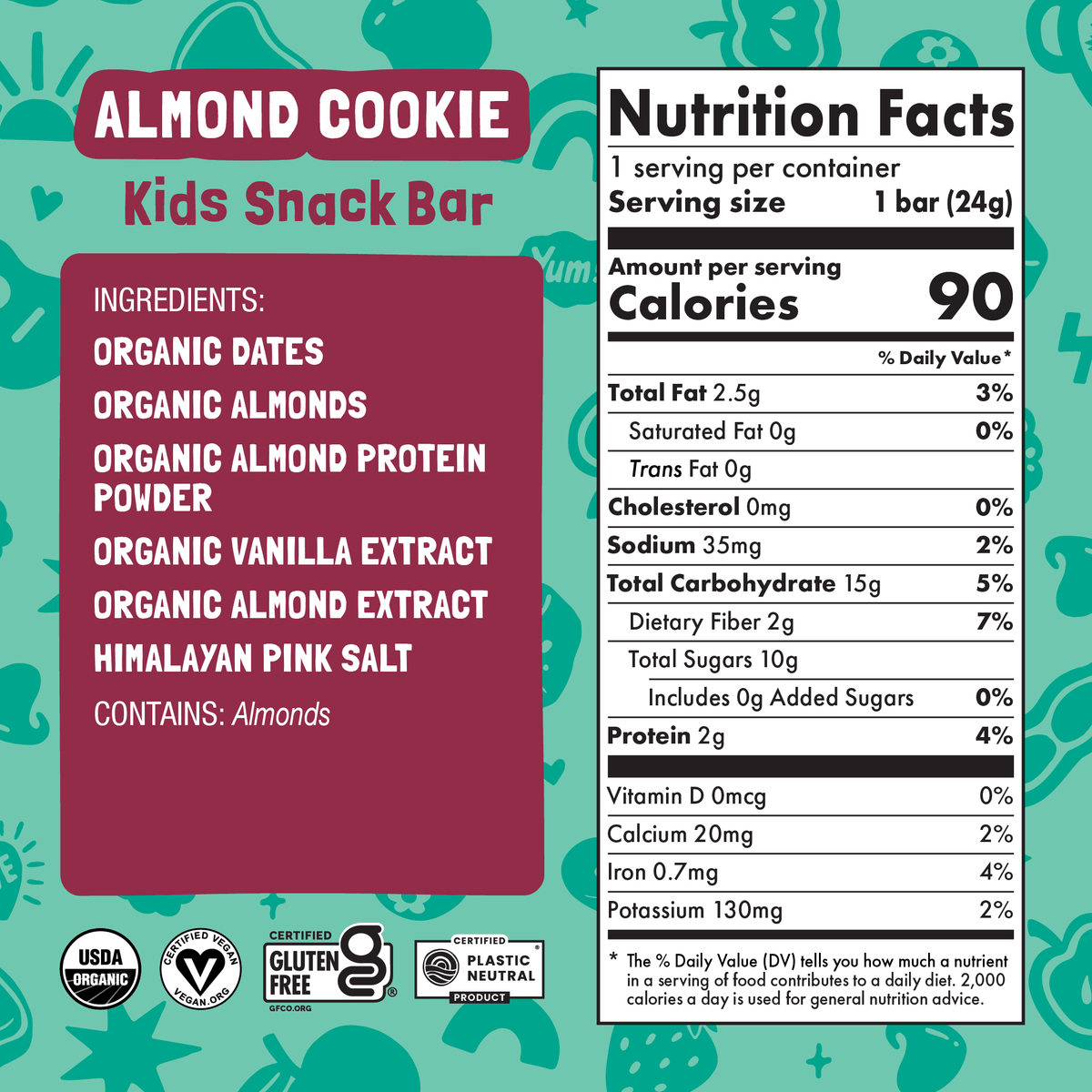 Nutrition facts and ingredient panel for Almond Cookie Kids Snack Bar.
