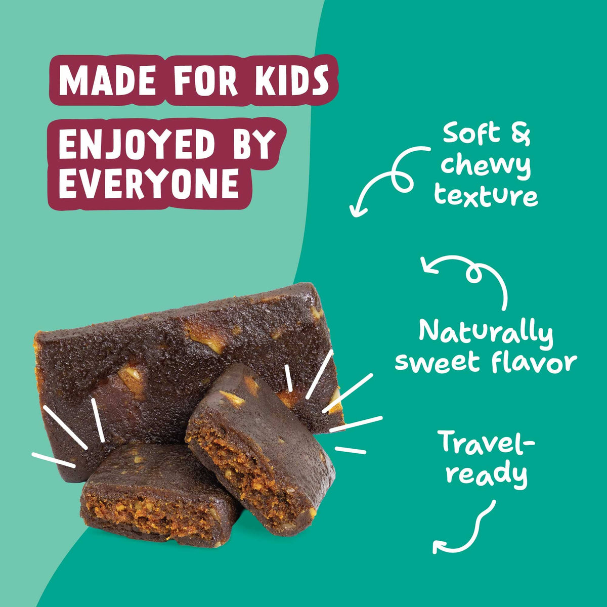 Almond Cookie Kids Snack Bars with callouts for soft, chewy texture, naturally sweet flavor, and travel-ready use.