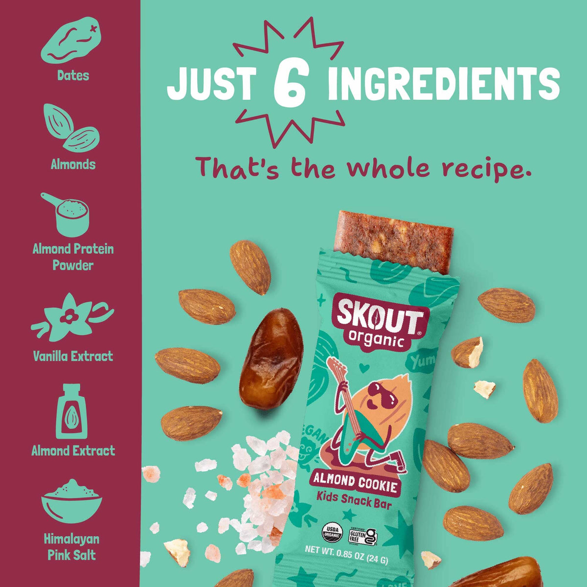 Ingredient graphic showing all 6 ingredients in Almond Cookie Kids Snack Bar: dates, almonds, almond protein powder, vanilla extract, almond extract, and Himalayan pink salt.