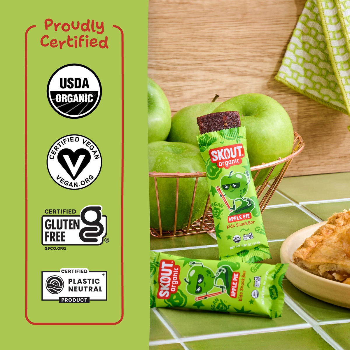 Apple Pie Kids Snack Bar certification icons for Certified Organic, Certified Gluten-Free, Certified Vegan, and Certified Plastic Neutral.