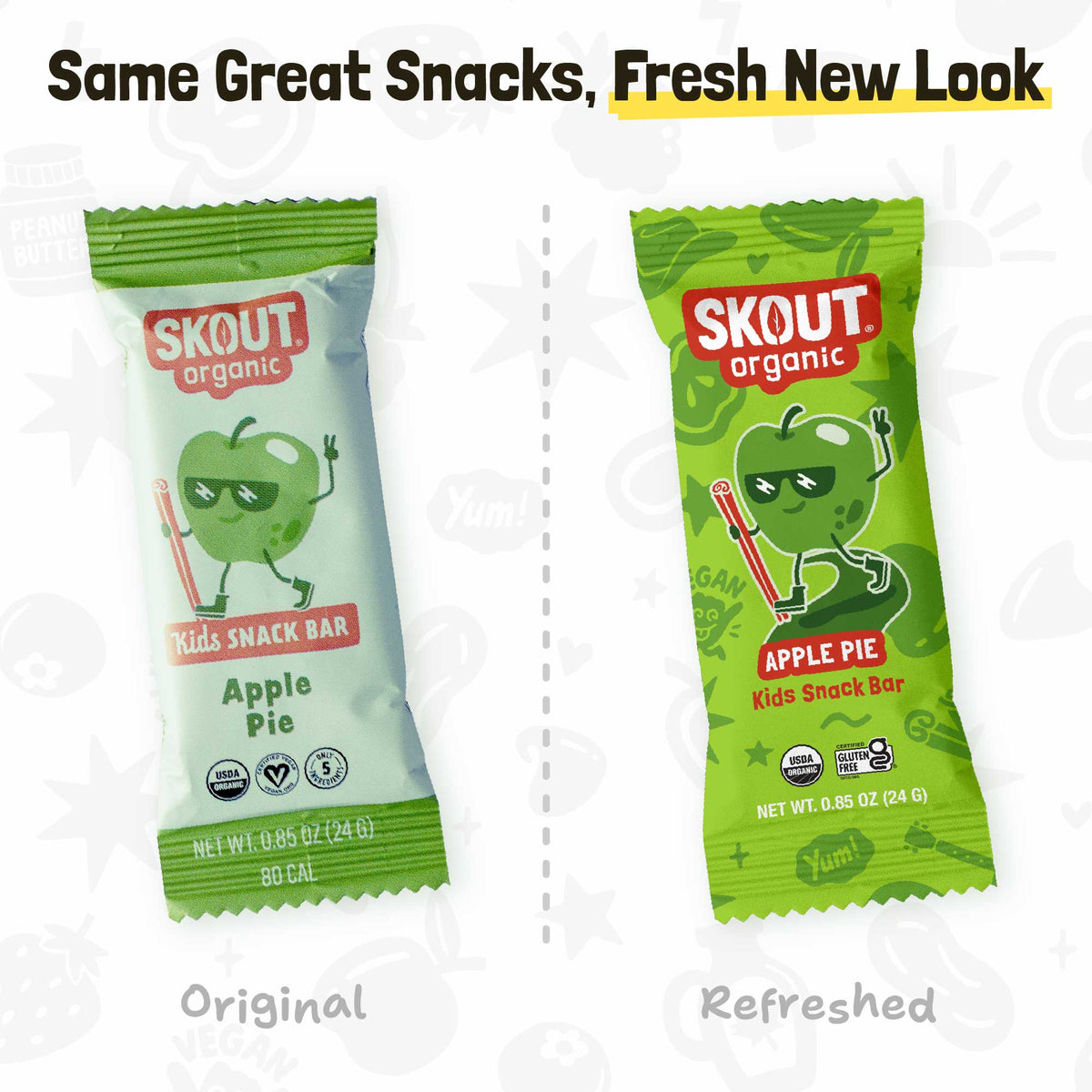 Original and refreshed Apple Pie Kids Snack Bar packages shown side by side with the message, “Same Great Snacks, Fresh New Look.”
