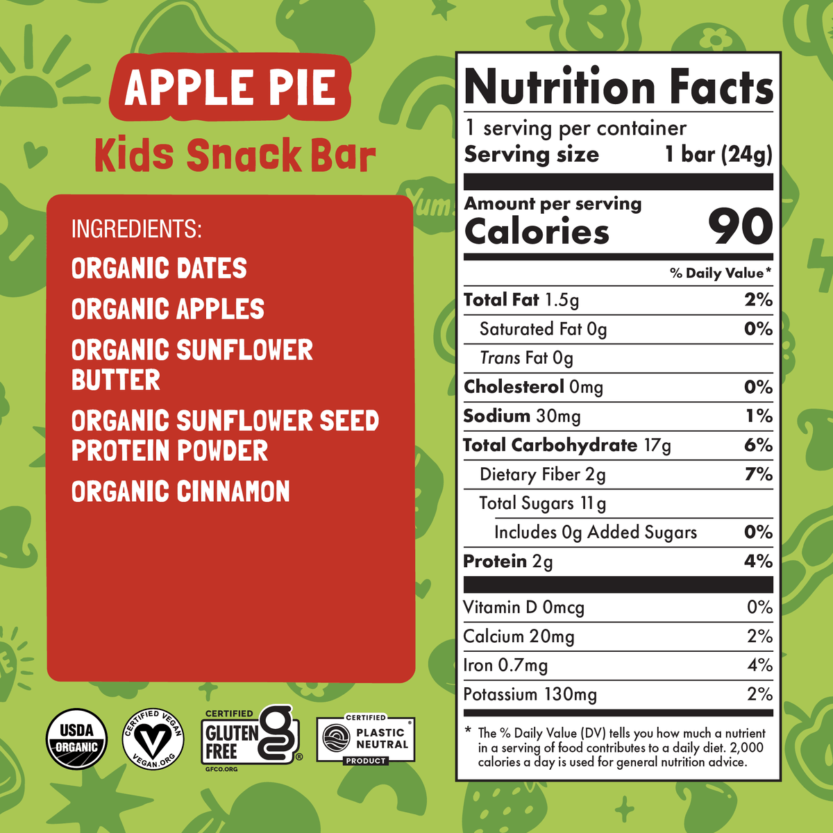 Nutrition facts and ingredient panel for Apple Pie Kids Snack Bar.
