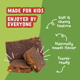 Apple Pie Kids Snack Bars with callouts for soft, chewy texture, naturally sweet flavor, and travel-ready use.