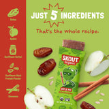 Ingredient graphic showing all 5 ingredients in Apple Pie Kids Snack Bar: dates, apples, sunflower butter, sunflower seed protein powder, and cinnamon.