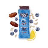 Skout Organic Blueberry Blast Kids Snack Bar in an open wrapper, surrounded by dates, blueberries, and a lemon wedge.