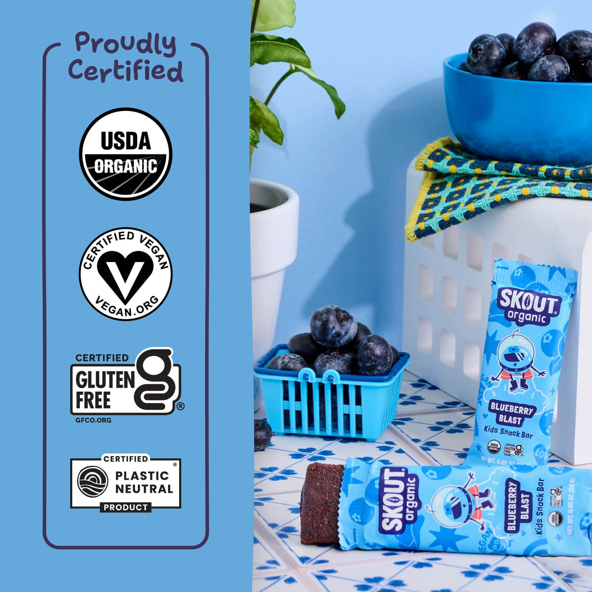 Blueberry Blast Kids Snack Bar certification icons for Certified Organic, Certified Gluten-Free, Certified Vegan, and Certified Plastic Neutral.