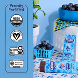Blueberry Blast Kids Snack Bar certification icons for Certified Organic, Certified Gluten-Free, Certified Vegan, and Certified Plastic Neutral.