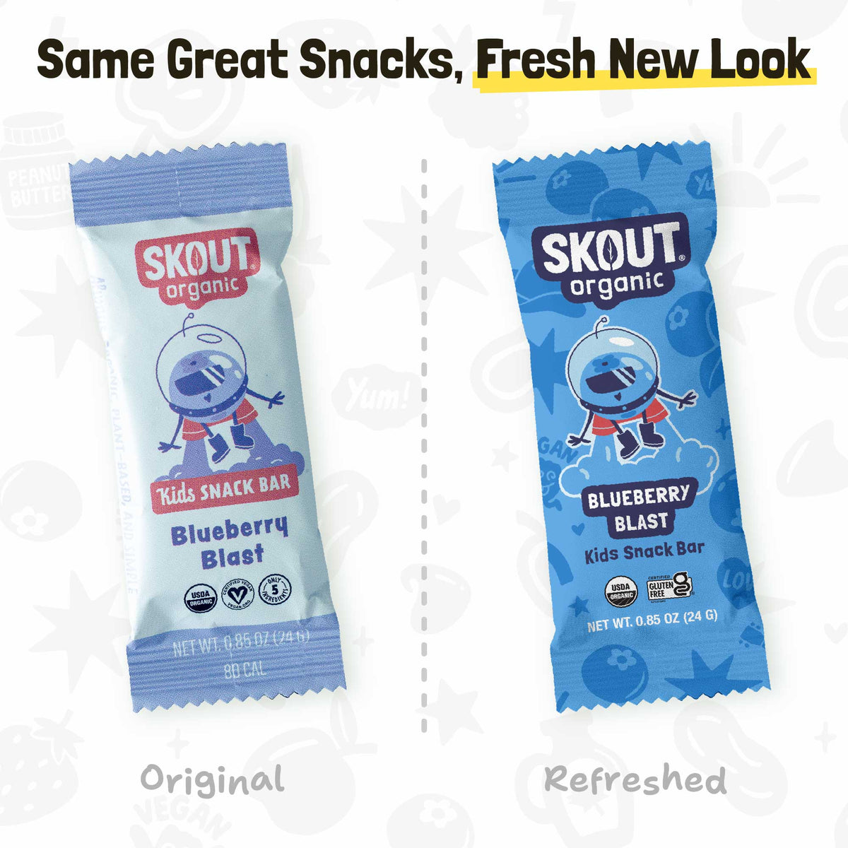 Original and refreshed Blueberry Blast Kids Snack Bar packages shown side by side with the message, “Same Great Snacks, Fresh New Look.”