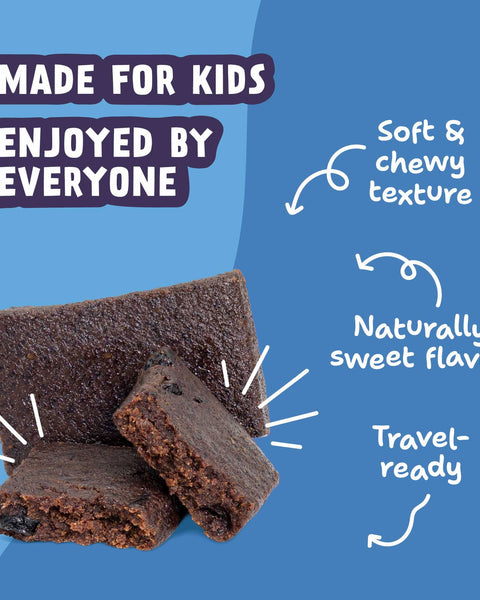 Blueberry Blast Kids Snack Bars with callouts for soft, chewy texture, naturally sweet flavor, and travel-ready use.