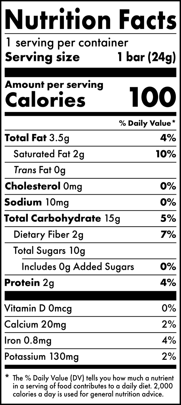 Nutrition panel for Skout Organic Carrot Cake Kids Snack Bar showing calories, protein, carbohydrates, and serving information