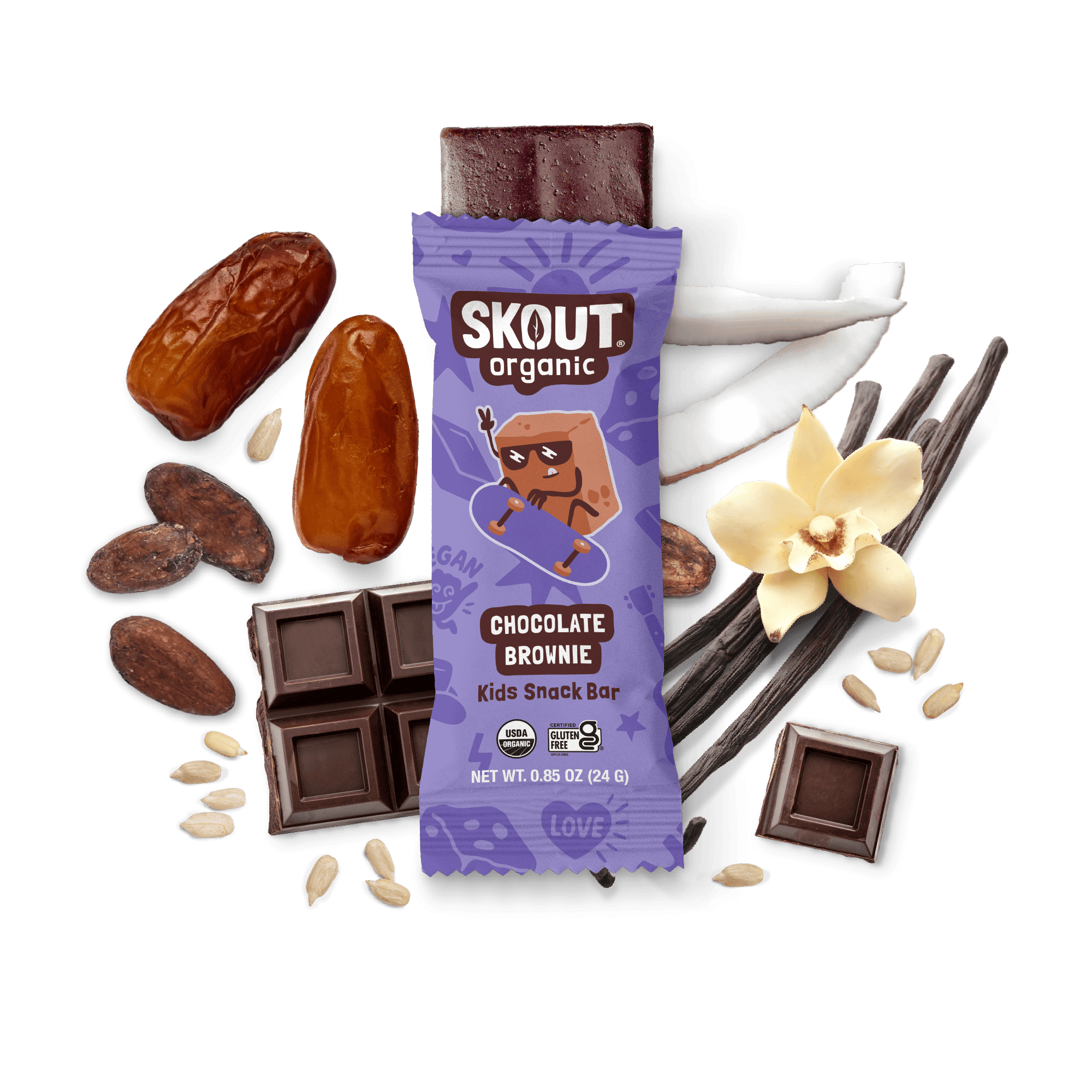 Skout Organic Chocolate Brownie Kids Snack Bar in an open wrapper, surrounded by dates, coconut, cocoa, and vanilla.