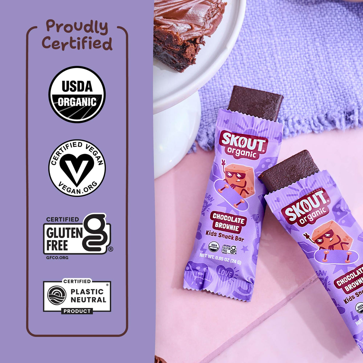 Chocolate Brownie Kids Snack Bar certification icons for Certified Organic, Certified Gluten-Free, Certified Vegan, and Certified Plastic Neutral.