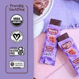 Chocolate Brownie Kids Snack Bar certification icons for Certified Organic, Certified Gluten-Free, Certified Vegan, and Certified Plastic Neutral.