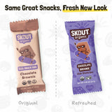 Original and refreshed Chocolate Brownie Kids Snack Bar packages shown side by side with the message, “Same Great Snacks, Fresh New Look.”