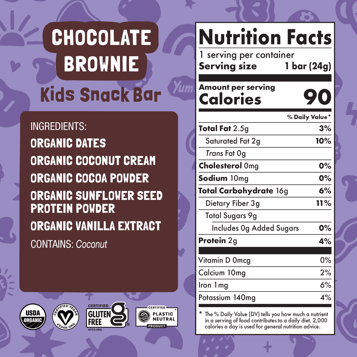 Nutrition facts and ingredient panel for Chocolate Brownie Kids Snack Bar.