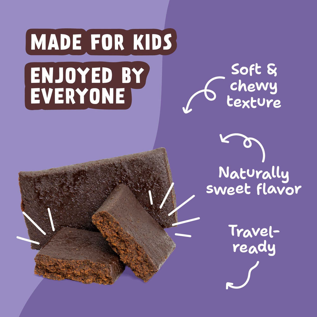 Chocolate Brownie Kids Snack Bars with callouts for soft, chewy texture, naturally sweet flavor, and travel-ready use.