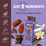 Ingredient graphic showing all 5 ingredients in Chocolate Brownie Kids Snack Bar: dates, coconut cream, cocoa powder, sunflower seed protein powder, and vanilla extract.