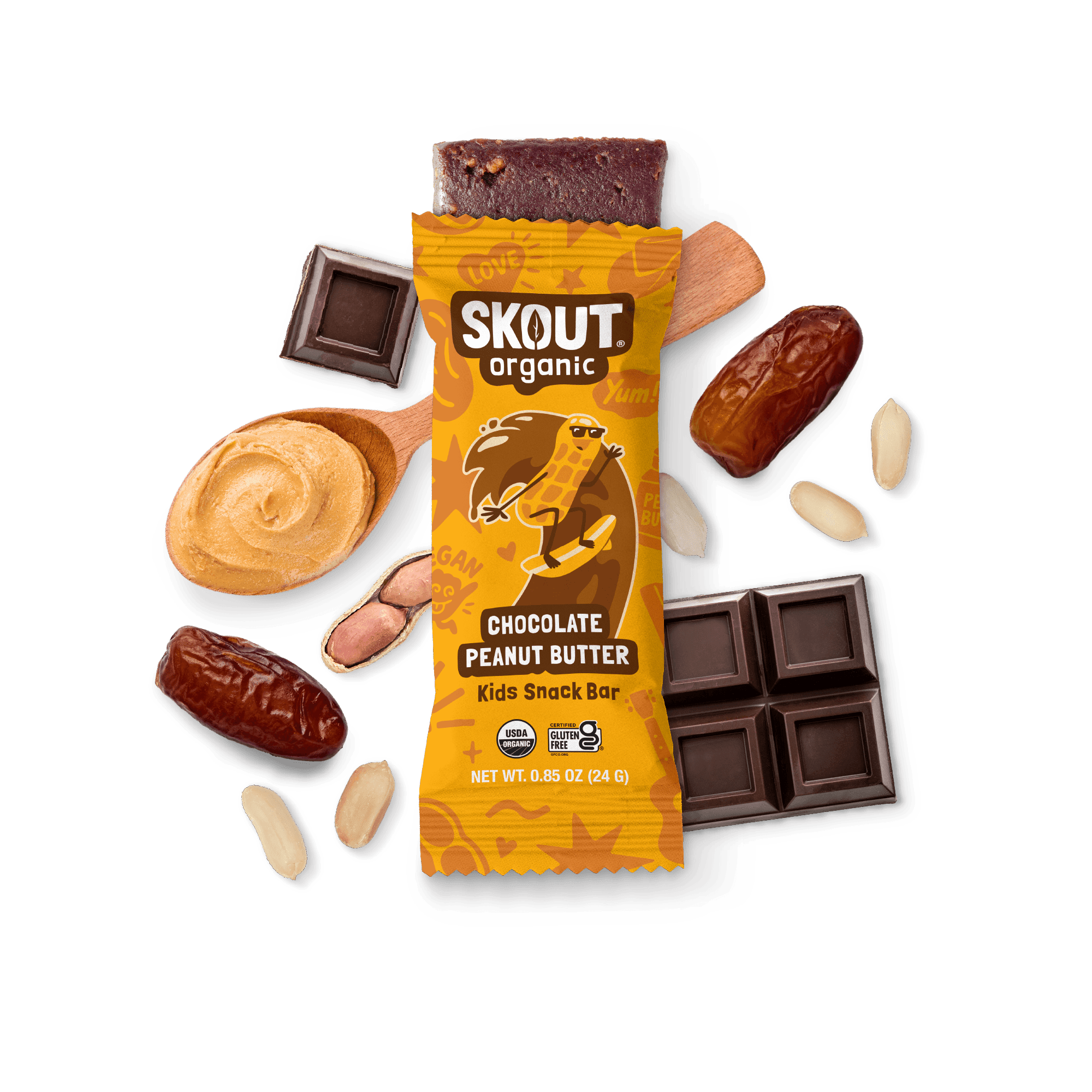 Skout Organic Chocolate Peanut Butter Kids Snack Bar in an open wrapper, surrounded by dates, peanut butter, and peanuts.