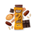 Skout Organic Chocolate Peanut Butter Kids Snack Bar in an open wrapper, surrounded by dates, peanut butter, and peanuts.