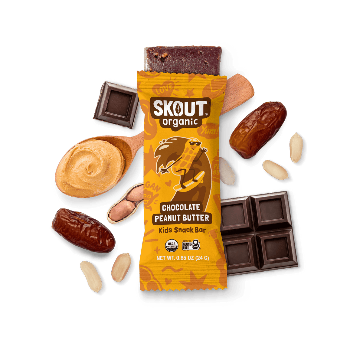 Skout Organic Chocolate Peanut Butter Kids Snack Bar in an open wrapper, surrounded by dates, peanut butter, and peanuts.