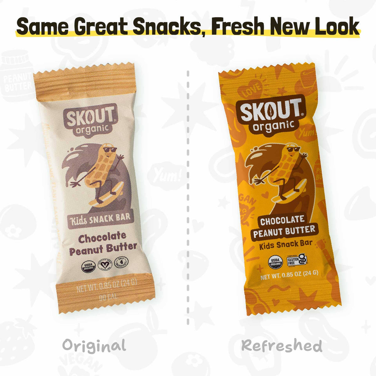 Original and refreshed Chocolate Peanut Butter Kids Snack Bar packages shown side by side with the message, “Same Great Snacks, Fresh New Look.”