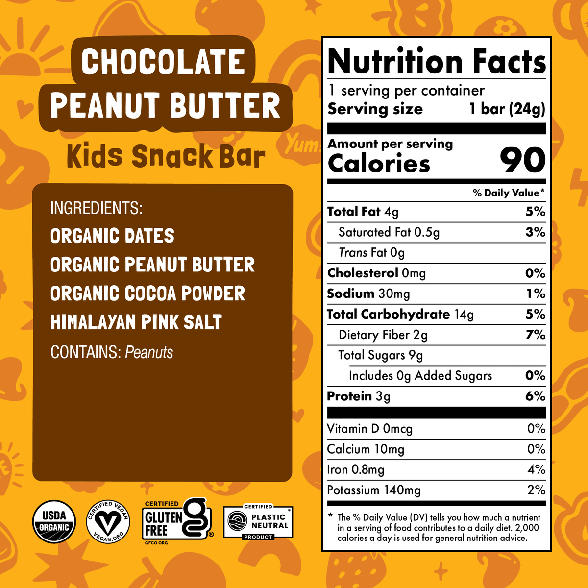 Nutrition facts and ingredient panel for Chocolate Peanut Butter Kids Snack Bar.