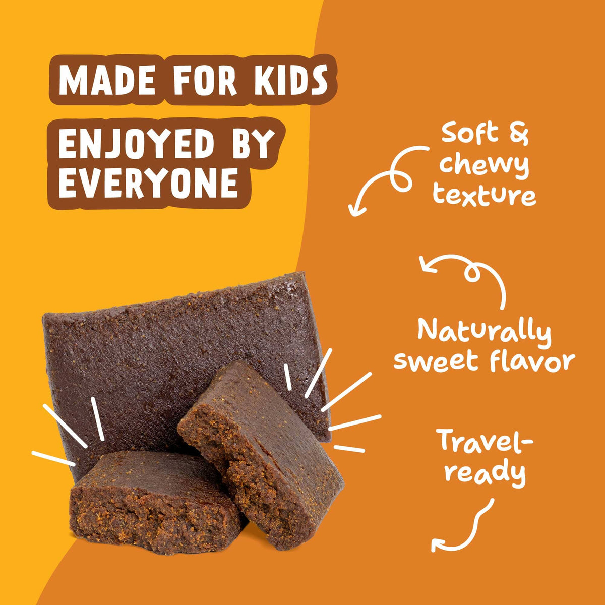 Chocolate Peanut Butter Kids Snack Bars with callouts for soft, chewy texture, naturally sweet flavor, and travel-ready use.