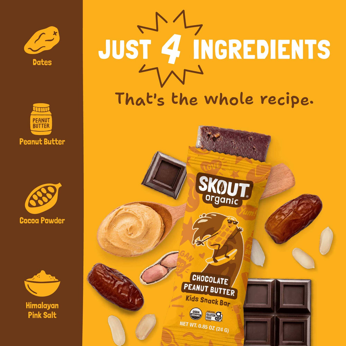 Ingredient graphic showing all 4 ingredients in Chocolate Peanut Butter Kids Snack Bar: dates, peanut butter, cocoa powder, and Himalayan pink salt.
