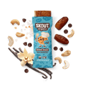 Skout Organic Cookie Dough Kids Snack Bar in an open wrapper, surrounded by dates, chocolate chips, vanilla, and Himalayan pink salt.