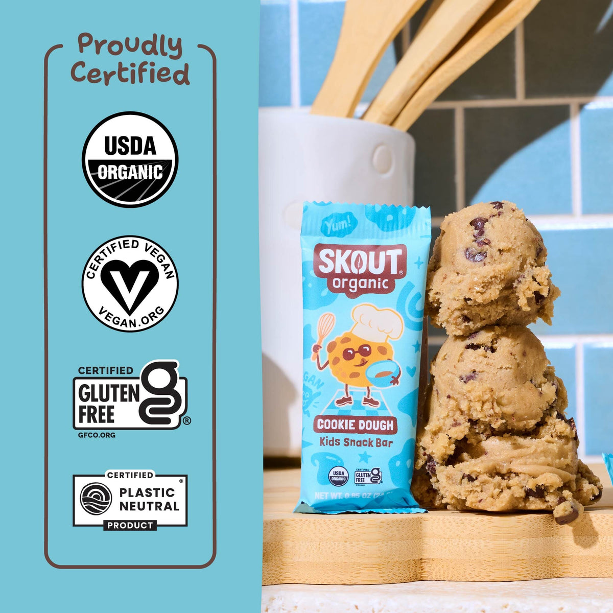 Cookie Dough Kids Snack Bar certification icons for Certified Organic, Certified Gluten-Free, Certified Vegan, and Certified Plastic Neutral.