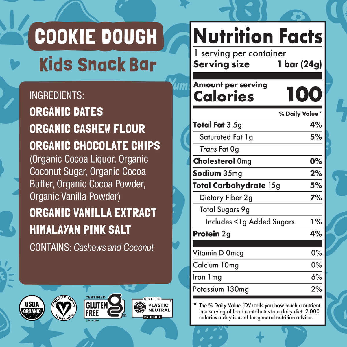 Nutrition facts and ingredient panel for Cookie Dough Kids Snack Bar.