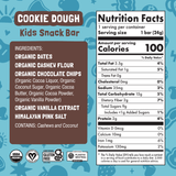 Nutrition facts and ingredient panel for Cookie Dough Kids Snack Bar.