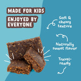 Cookie Dough Kids Snack Bars with callouts for soft, chewy texture, naturally sweet flavor, and travel-ready use.