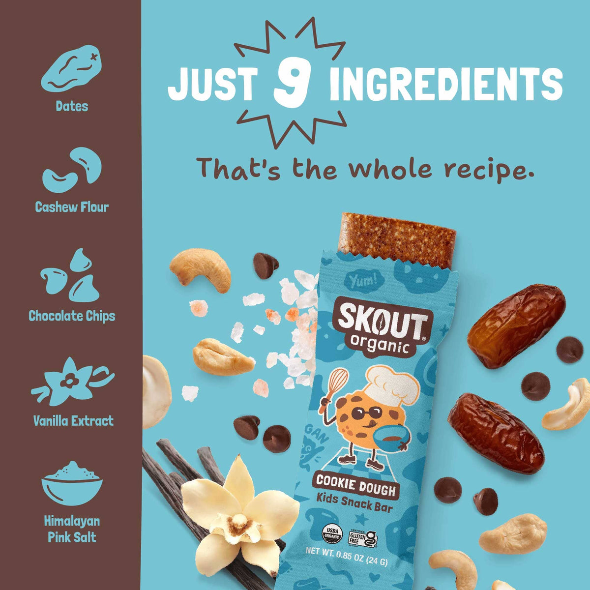 Ingredient graphic showing Cookie Dough Kids Snack Bar with 9 ingredients, including dates, cashew flour, chocolate chips, vanilla extract, and Himalayan pink salt.