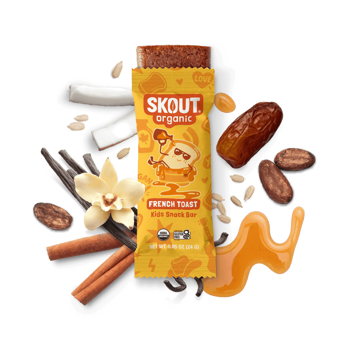 Skout Organic French Toast Kids Snack Bar in an open wrapper, surrounded by dates, coconut, cinnamon sticks, vanilla, and maple syrup.