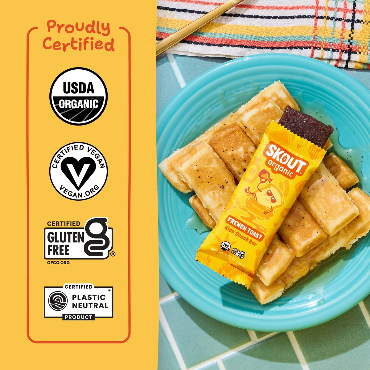 French Toast Kids Snack Bar certification icons for Certified Organic, Certified Gluten-Free, Certified Vegan, and Certified Plastic Neutral.