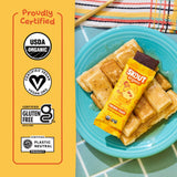 French Toast Kids Snack Bar certification icons for Certified Organic, Certified Gluten-Free, Certified Vegan, and Certified Plastic Neutral.