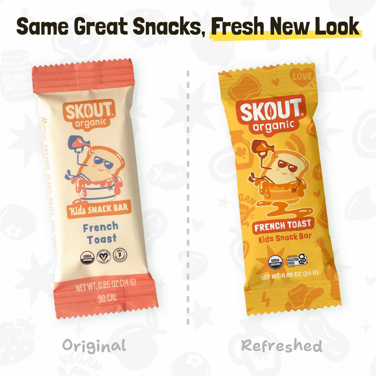 Original and refreshed French Toast Kids Snack Bar packages shown side by side with the message, “Same Great Snacks, Fresh New Look.”