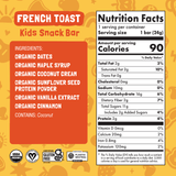 Nutrition facts and ingredient panel for French Toast Kids Snack Bar.