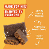 French Toast Kids Snack Bars with callouts for soft, chewy texture, naturally sweet flavor, and travel-ready use.