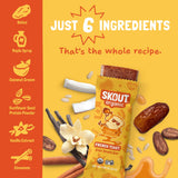 Ingredient graphic showing all 6 ingredients in French Toast Kids Snack Bar: dates, maple syrup, coconut cream, sunflower seed protein powder, vanilla extract, and cinnamon.