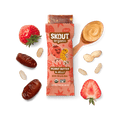 Skout Organic Peanut Butter & Jelly Kids Snack Bar with open wrapper and bar showing, surrounded by dates, peanuts, and strawberries