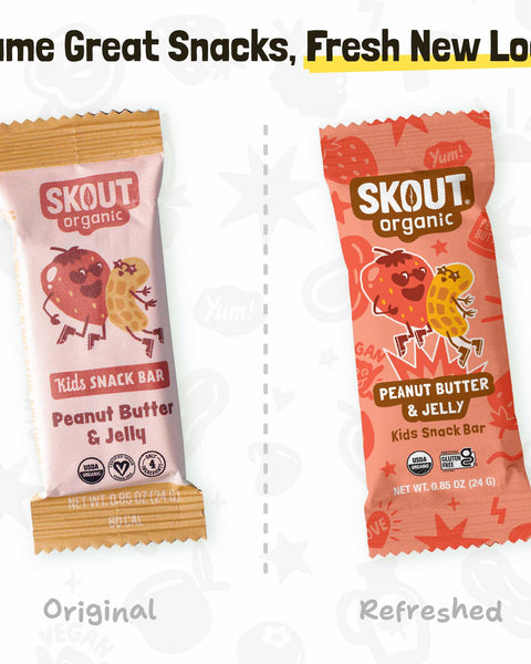 Original and refreshed Peanut Butter & Jelly Kids Snack Bar packages shown side by side with the message, “Same Great Snacks, Fresh New Look.”