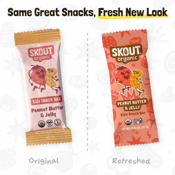 Original and refreshed Peanut Butter & Jelly Kids Snack Bar packages shown side by side with the message, “Same Great Snacks, Fresh New Look.”