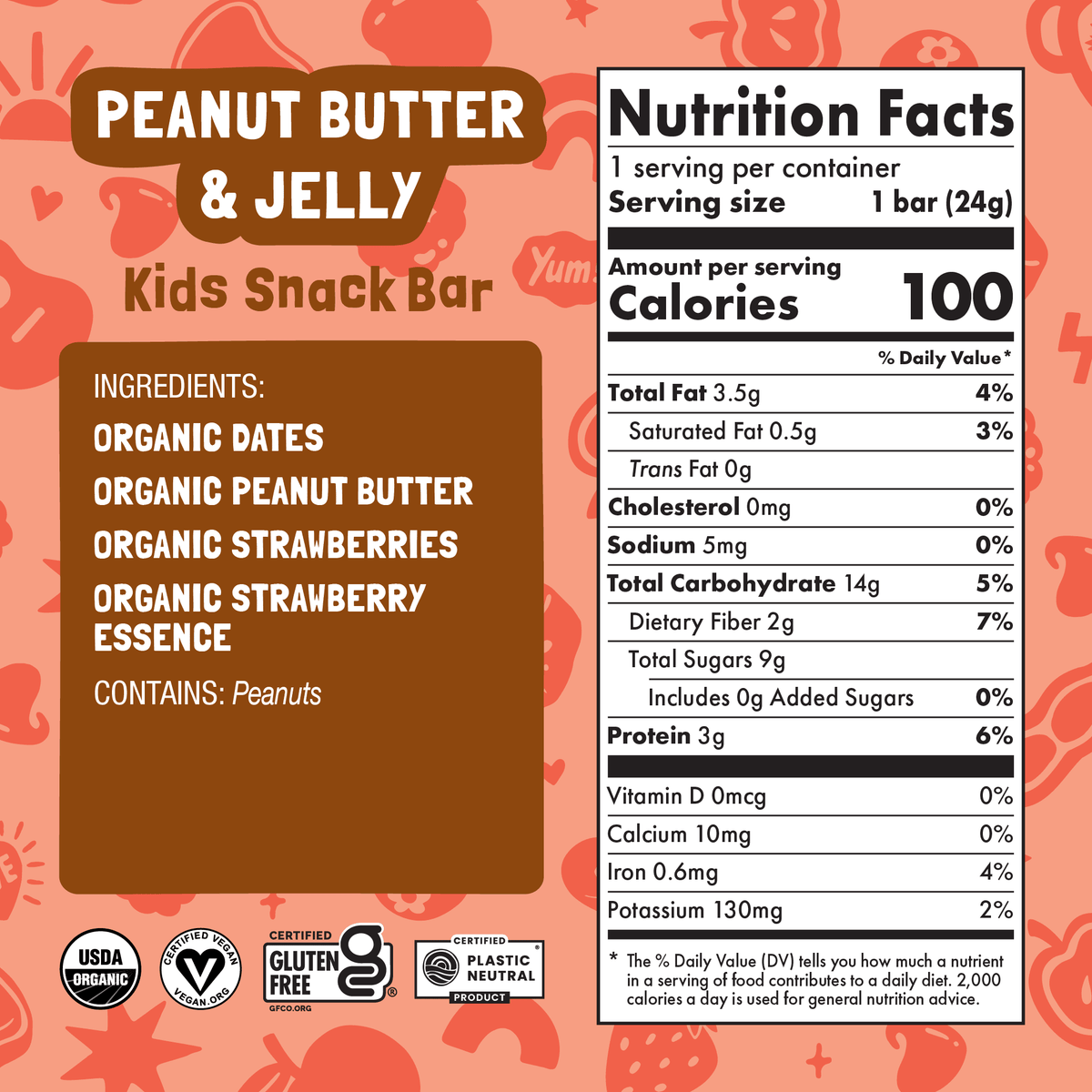Nutrition facts and ingredients for Skout Organic Peanut Butter & Jelly Kids Snack Bar — 100 calories per bar, made with organic dates, peanut butter, and strawberries