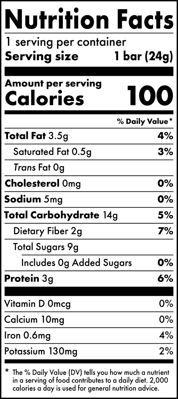 Nutrition Facts panel for Peanut Butter & Jelly Kids Snack Bar.