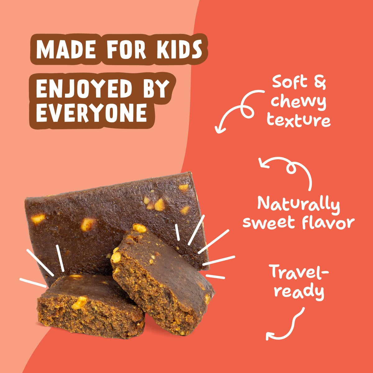 Peanut Butter & Jelly Kids Snack Bar and unwrapped bar with callouts for soft, chewy texture, naturally sweet flavor, and travel-ready use.