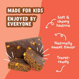 Peanut Butter & Jelly Kids Snack Bar and unwrapped bar with callouts for soft, chewy texture, naturally sweet flavor, and travel-ready use.